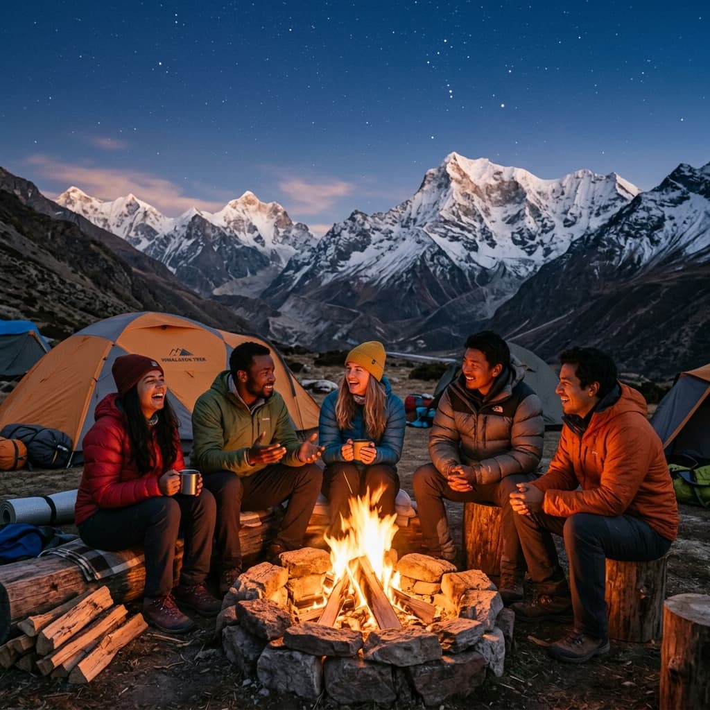 Trekkers gathered around a glowing campfire in the Himalayan wilderness